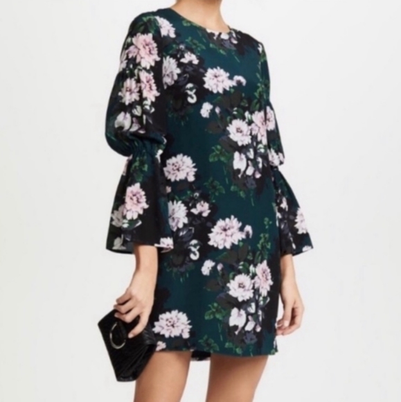 Club Monaco Sinai Dress 100% Silk Size 8 Forest Green Dahlia Pattern Bell Sleeve - Picture 16 of 16